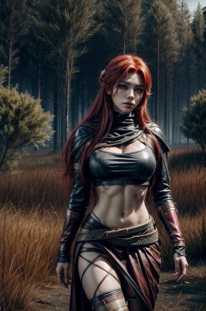 red hair, sexy hunter girl, Artemis greek godness, a very beautiful godness, a very beautiful woman, wearing hunter clothes, taking a large bow, bare midriff, torn skirt, scars on face, round butt, medium breast, detailed background