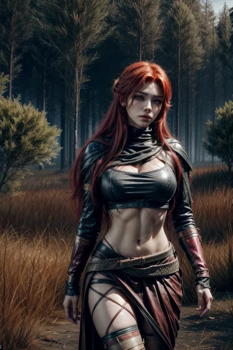 red hair, sexy hunter girl, artemis greek godness, a very beautiful godness, a very beautiful woman, wearing hunter clothes, tak...