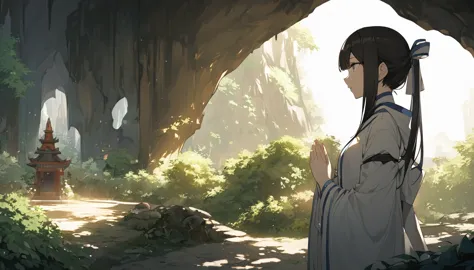 deep within a mysterious cave is a divinely beautiful shrine. the daughter of a young japanese priestess prays.