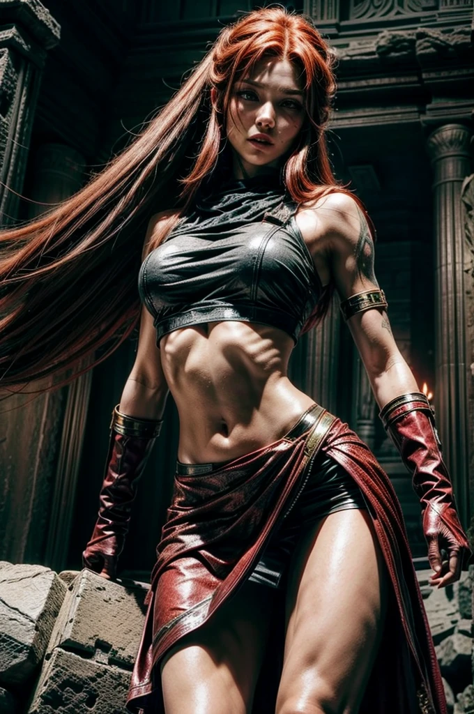 紅髮, 性感的獵人女孩, 希臘女神阿爾忒彌斯, 一個非常美麗的女神, 一個非常美麗的女人, 穿著獵人衣服, 深深鞠躬, 裸露的腹部, 撕裂的裙子, 臉上有疤痕, 圓屁股, 中胸, 詳細背景