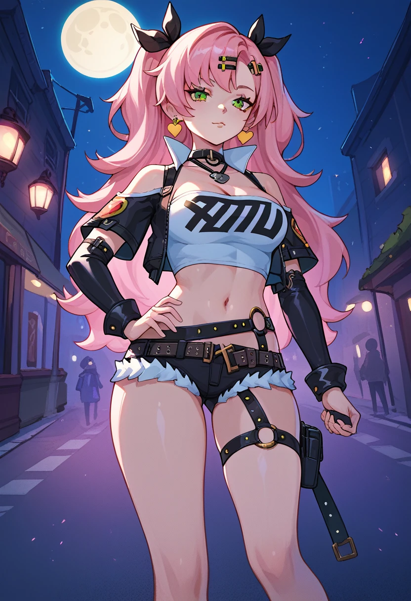 masterpiece, best quality, very detailed, very detailed,illustration, 1 woman, Nicole starts, hair ribbon, hairpin, earring, black collar, tube top, single thigh high, short, cropped jacket, belt, thigh straps, separated sleeves, doll, standing, put hands on hips, cowboy shot, night street, moon 