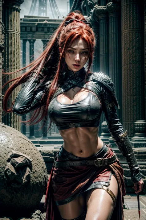 red hair, sexy hunter girl, Artemis greek godness, a very beautiful godness, a very beautiful woman, wearing hunter clothes, hea...