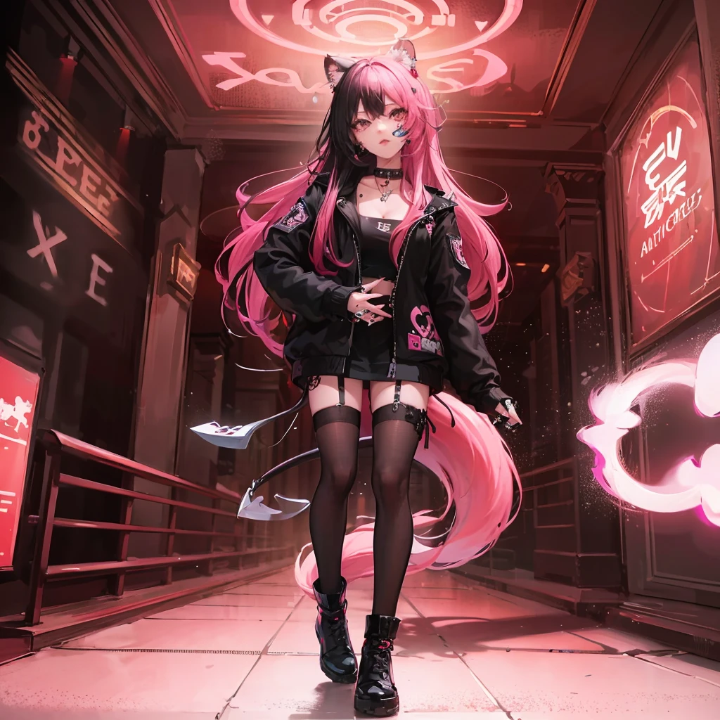 (Highest quality, masterpiece: 1.1), (Faithfulness: 1.4), 1foxgirl, Fox ears and tail, whole body, Girl with long black and pink hair, Nightclub, Black and pink punk style outfit, Lip and nose piercings, Tattoo, Cinema Lighting, Ray Tracing, bloom,