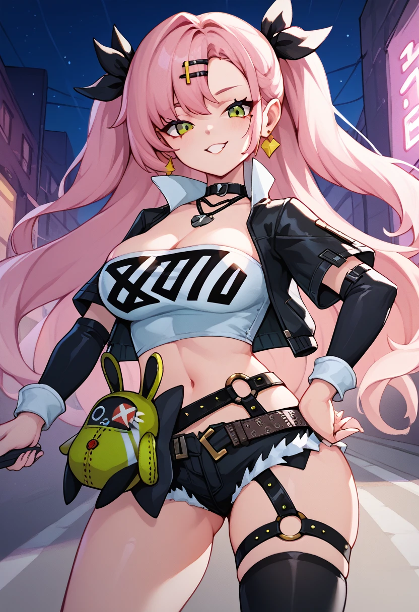 masterpiece, best quality, very detailed, very detailed,illustration, 1 woman, Nicole starts, hair ribbon, hairpin, earring, black collar, tube top, single thigh high, short, cropped jacket, belt, thigh straps, separated sleeves, doll, standing, put hands on hips, cowboy shot, night street, mesugaki,