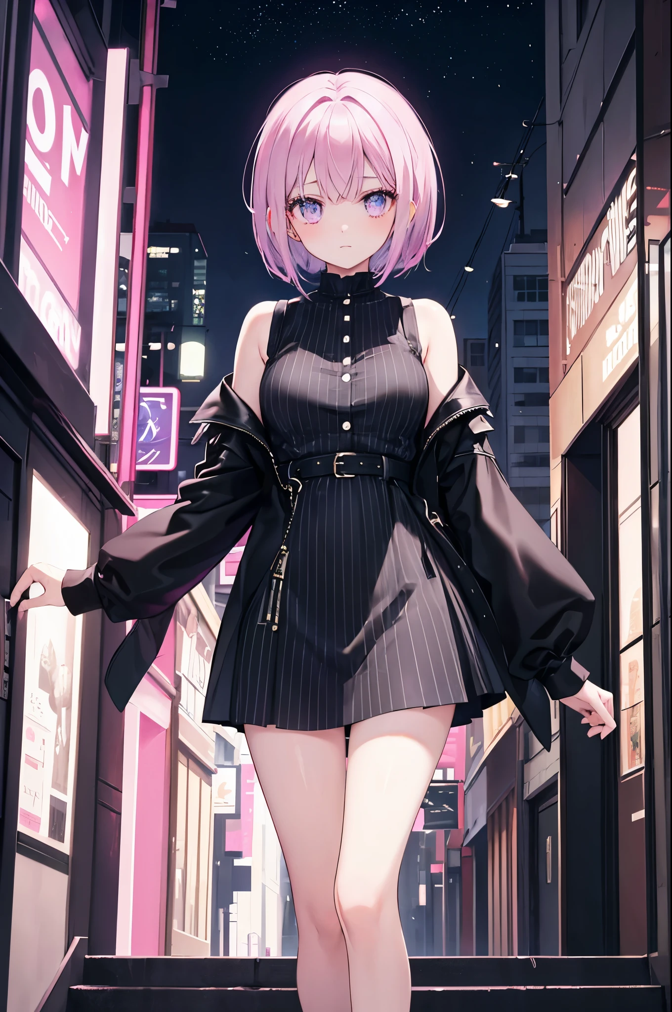 In the heart of a bustling city, a style reminiscent of manga comes to life. The air is tinted with a soft, ethereal hue of purple, setting a dreamy yet vibrant tone. At the center of this scene, a young girl, aged 18, stands out. Her eyes, a captivating shade of pink, sparkle with an inner radiance that mirrors the city lights behind her. Her clothing is a stark contrast to her surrounding, featuring simple yet stylish black and white designs.

Her short hair, cut in a chic bob, is an elegant blend of black and white stripes that complements her outfit. A single strand of hair falls across