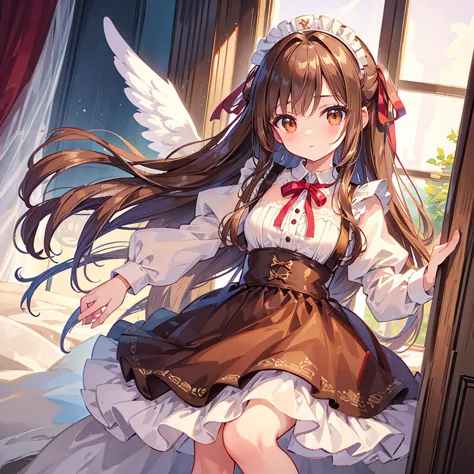 ((masterpiece)), ((highest quality)), ((super detailed)), pretty girl, brown long hair, beautiful brown eyes, maid clothes, ribb...