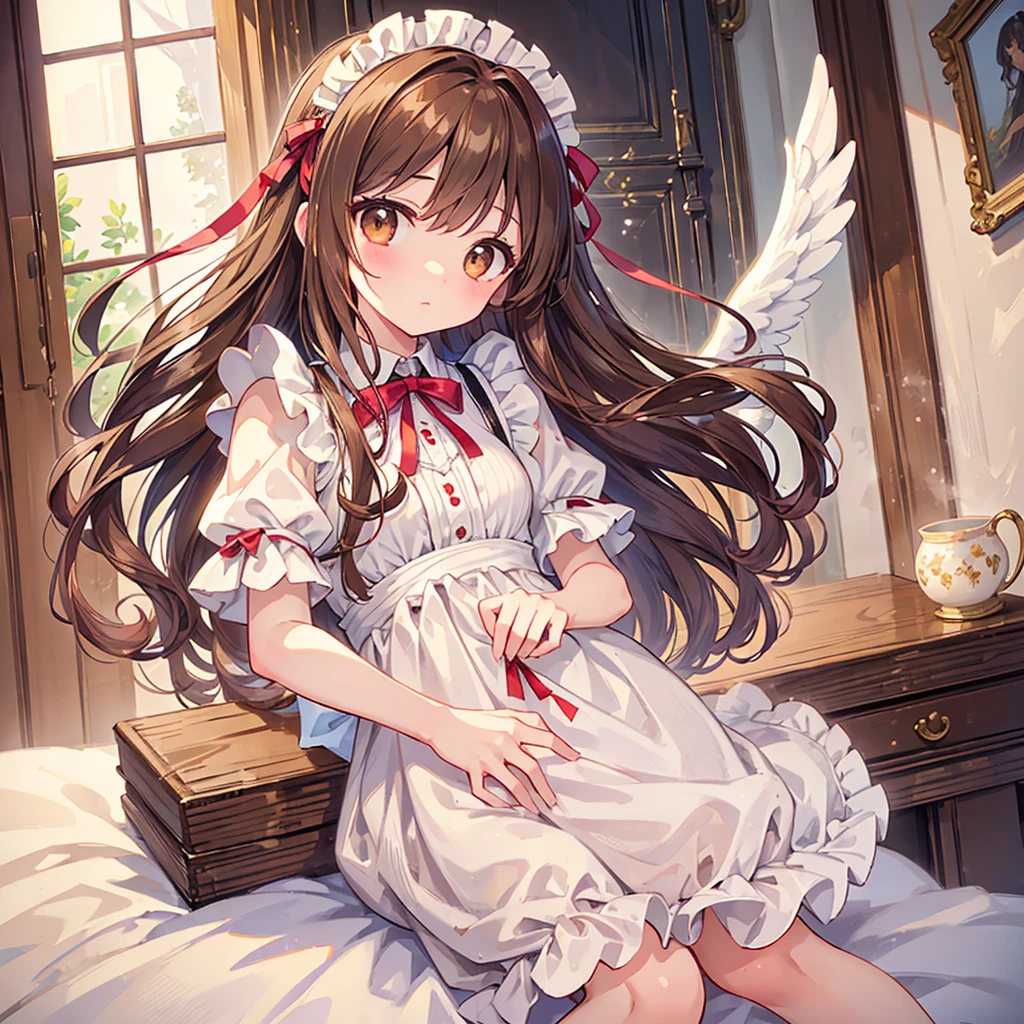 ((masterpiece)), ((Highest quality)), ((Super detailed)), pretty girl, Brown long hair, Beautiful brown eyes, Maid clothes, ribbon, Angel&#39;s wing, 🤍, ((Simple white background))