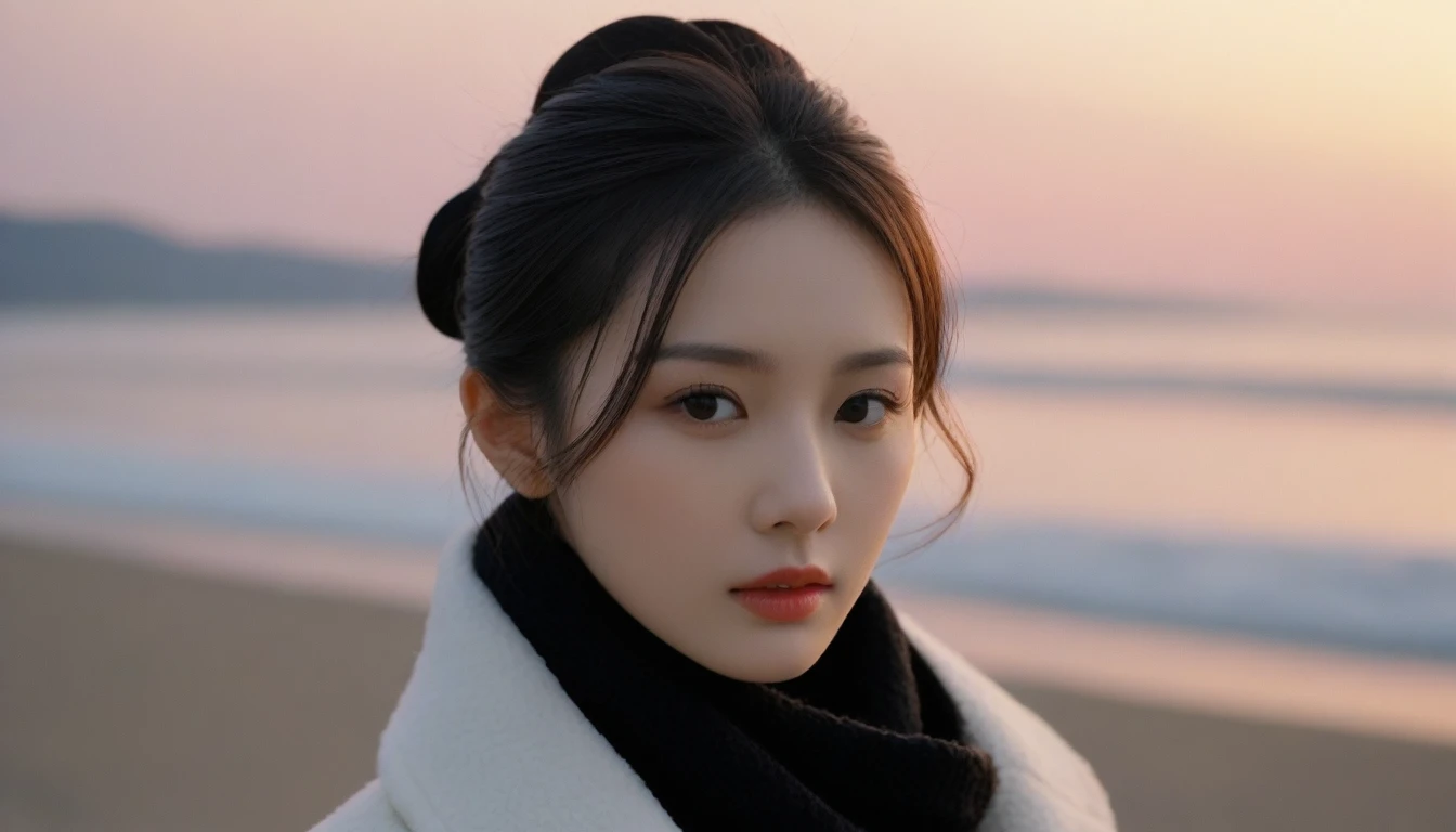 8K, 超High resolution, Highest quality, masterpiece, surreal, photograph,Three-part method, 1 Girl, (16 years old:1.3), pretty girl, Cute face, Beautiful eyes in every detail,Japan Female Announcer,Close Up、Young Wife,(Wearing a long winter coat and scarf、Close-up of a thin black double-sided updo:1.5)、(The girl turned around with a sad look on her face.。, Her hair blowing in the wind on a winter beach:1.5)、(Blurred Background:1.5)、(red sky at sunset:1.5)、(Perfect Anatomy:1.5)、(Complete Hand:1.3)、(Full Finger:1.3)、Realistic、生photograph、Tabletop、Highest quality、High resolution、Delicate and beautiful、Perfect Face、Beautiful details、Fair skin、Real human skin,super cute super model、Look closely at the camera 、Vividly detailed、detailed、surreal、Light and shadow,Strong light,Fashion magazine cover,Thin lips