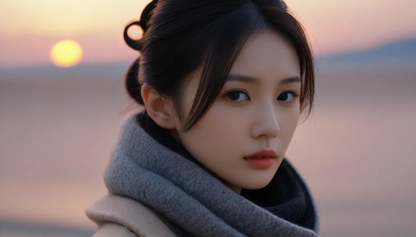 8k, 超High resolution, Highest quality, masterpiece, surreal, photograph,Three-part method, 1 Girl,ld:1.3), pretty girl, Cute face, Beautiful eyes in every detail,Japan Female Announcer,Close Up、Young Wife,(Wearing a long winter coat and scarf、Close-up of a thin black double-sided updo:1.5)、(The girl turned around with a sad look on her face.。, Her hair blowing in the wind on a winter beach:1.5)、(Blurred Background:1.5)、(red sky at sunset:1.5)、(Perfect Anatomy:1.5)、(Complete Hand:1.3)、(Full Finger:1.3)、Realistic、生photograph、Tabletop、Highest quality、High resolution、Delicate and beautiful、Perfect Face、Beautiful details、Fair skin、Real human skin,super cute super model、Look closely at the camera 、Vividly detailed、detailed、surreal、Light and shadow,Strong light,Fashion magazine cover,Thin lips