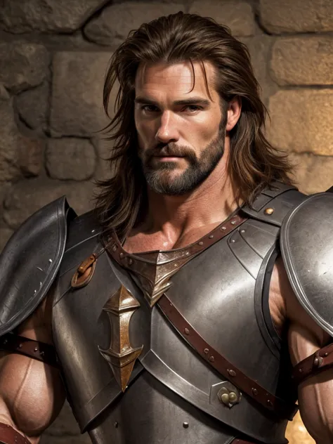 A 40 years old male, hair, portrait of a ruggedly handsome paladin, muscular, half body, masculine, mature, Retrato de un joven,...