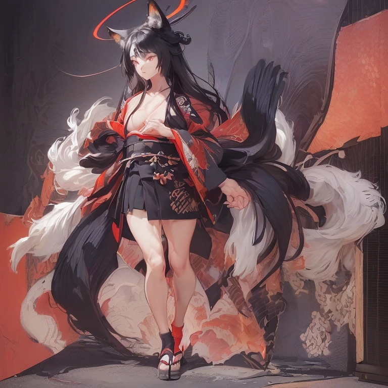 (Fox Girl, Fox Ears, Black colored hair, Fox Makeup, One Girl, Long Hair:1.6), (kimono, Kimono with open chest, A beautiful kimono with red and black patterns, I can see her cleavage, Open chest, Exposed skin:1.8), (Body measurements are 75-60-75!, Young girl body, Small breasts, Small breasts, Emphasize the chest, Knees are slightly visible, Standing posture, Muscular, Abdominal muscles, Hide your own chest with your hands:1.9), Avatar, face, lewd face, Dominant representation, naughty face, Uplifting, Skin Texture, outside, Grassy field, Angle looking up from below