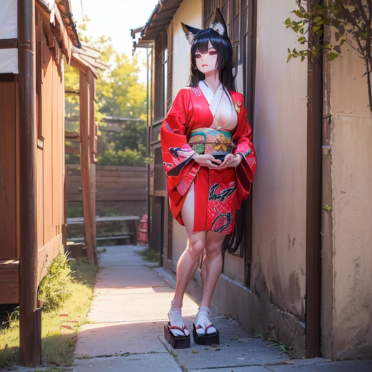 (Fox Girl, Fox Ears, Black colored hair, Fox Makeup, One Girl, Long Hair:1.6), (kimono, Kimono with open chest, A beautiful kimono with red and black patterns, I can see her cleavage, Open chest, Exposed skin:1.8), (Body measurements are 75-60-75!, Young girl body, Small breasts, Small breasts, Emphasize the chest, Knees are slightly visible, Standing posture, Muscular, Abdominal muscles, Hide your own chest with your hands:1.9), Avatar, face, lewd face, Dominant representation, naughty face, Uplifting, Skin Texture, outside, Grassy field, Angle looking up from below