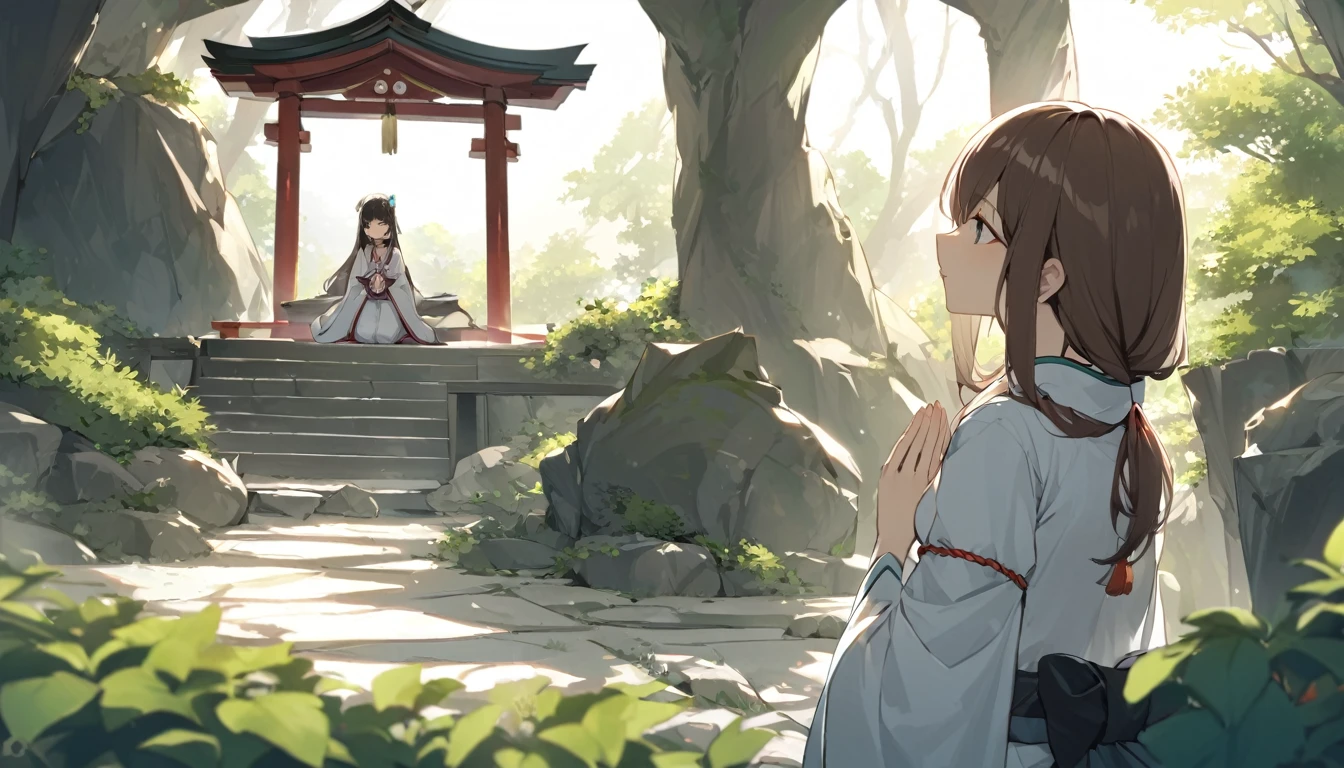 Deep in a mysterious cave lies a divinely beautiful shrine. A young Japanese shrine maiden, a young maiden girl, prays for peace. From her I sense divinity and majesty.