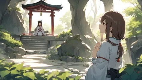 Deep in a mysterious cave lies a divinely beautiful shrine. A young Japanese shrine maiden, a young maiden girl, prays for peace...