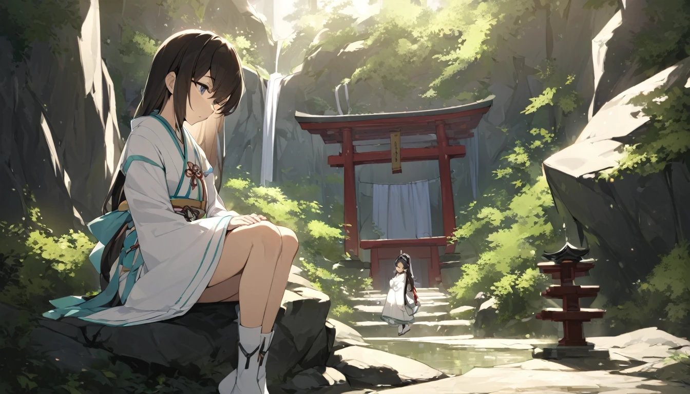 Deep in a mysterious cave lies a divinely beautiful shrine. A young Japanese shrine maiden, a young maiden girl, prays for peace. From her I sense divinity and majesty.