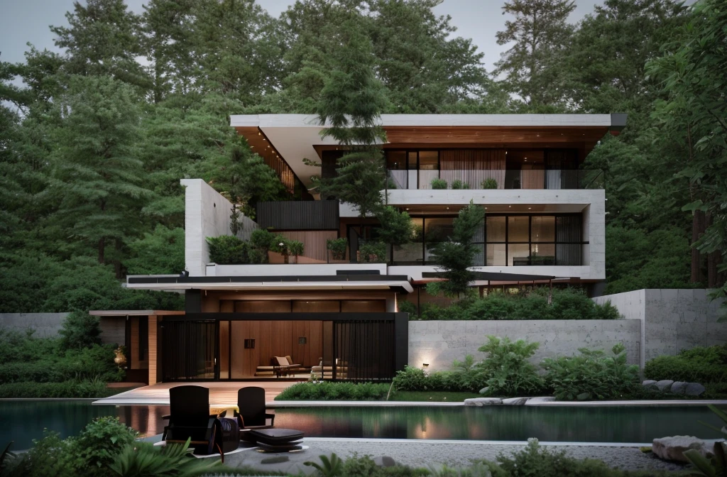 A modern construction for a house in a luxury condominium, Contemporary architecture The look is beautiful with supporting pillars, Acabamento Brisa, Wooded area with trees behind the building, ultra realistic, detalhes intrincados, cinematic lights, 8k