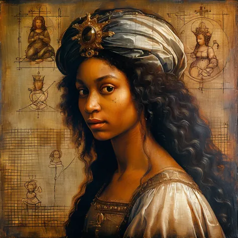 black woman as queen painting a picture, with regal attire, in the 17th century, an oil painting, inspired by leonardo da vinci,...