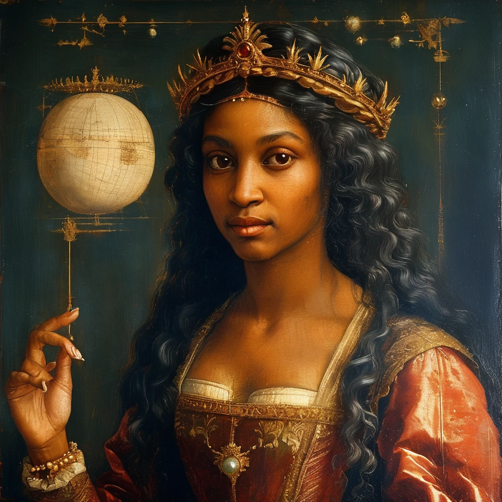 black woman as queen painting a picture, with regal attire, in the 17th century, an oil painting, inspired by leonardo da vinci, representing the ancient arts, with hermetic symbols, astrologia