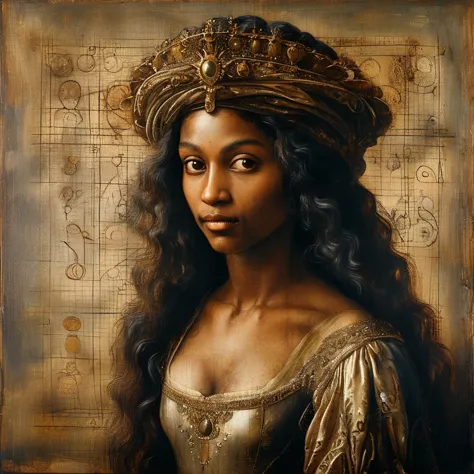 black woman as queen painting a picture, with regal attire, in the 17th century, an oil painting, inspired by leonardo da vinci,...