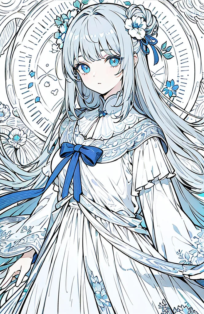 ((Highest quality)), ((masterpiece)), (Get used to it), Perfect Face , beautiful girl ,Gray Hair、White light blue eyes、White and light blue flower hair ornament