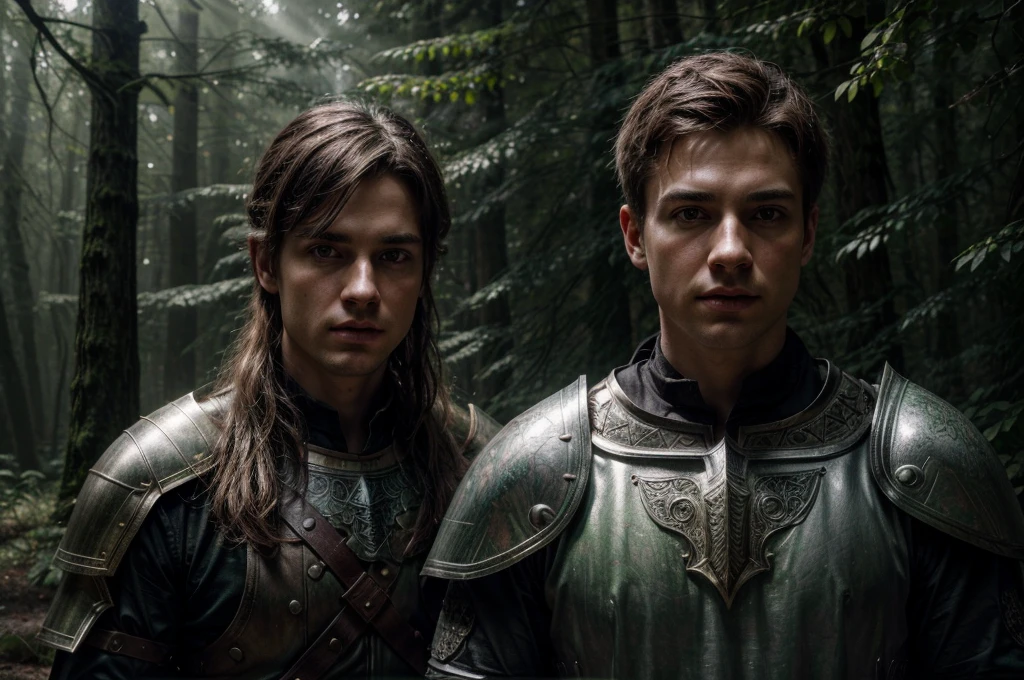 a young white male, cheap knight halloween costume, pacific northwest forest, detailed face, beautiful detailed eyes, beautiful detailed lips, extremely detailed face, longeyes lashes, medieval knight, fantasy, epic, ornate armor, sword and shield, medieval fantasy, dark moody lighting, dramatic shadows, misty forest, lush greenery, moss-covered trees, fog, atmospheric, cinematic, dramatic, masterpiece, (best quality,4k,8k,highres,masterpiece:1.2),ultra-detailed,(realistic,photorealistic,photo-realistic:1.37),HDR,UHD,studio lighting,ultra-fine painting,sharp focus,physically-based rendering,extreme detail description,professional,vivid colors,bokeh