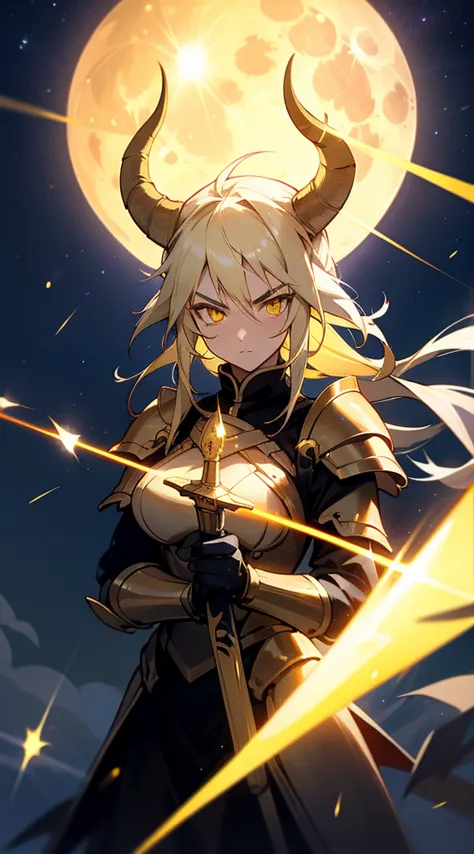 1girl,20s,mature female,,horns,long hair,cathyl hair,light blonde hair,gold armor,flying,holding a golden sword,yellow eyes,seri...