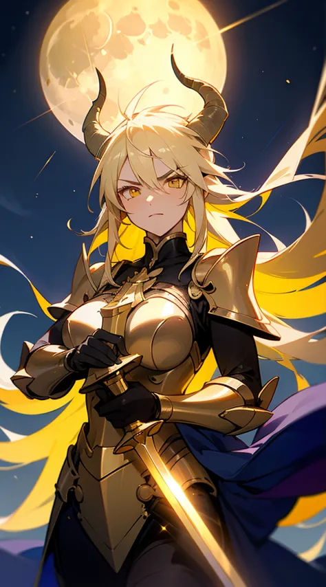 1girl,20s,mature female,,horns,long hair,cathyl hair,light blonde hair,gold armor,flying,holding a golden sword,yellow eyes,seri...