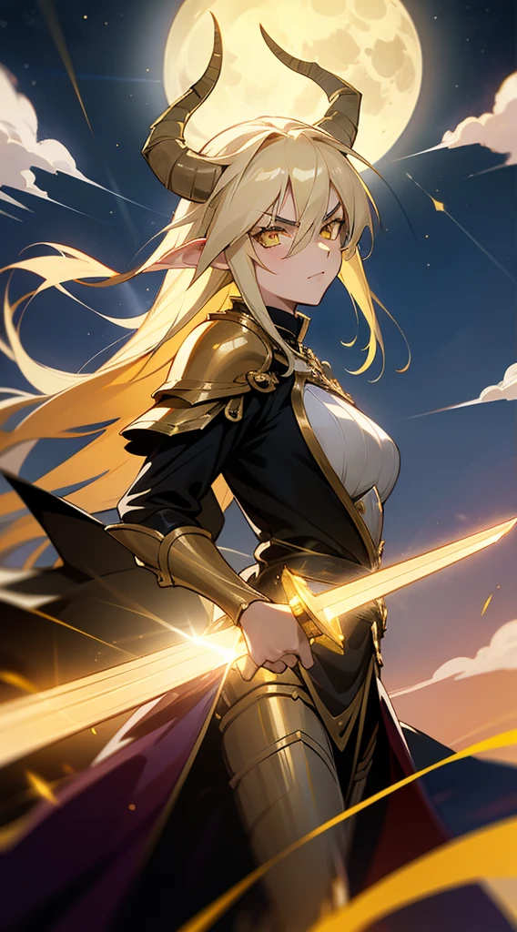 1girl,20s,mature female,,horns,long hair,cathyl hair,light blonde hair,gold armor,flying,holding a golden sword,yellow eyes,serious,Ray Light Glow Lens Flare,((night,night sky,full moon)),portrait