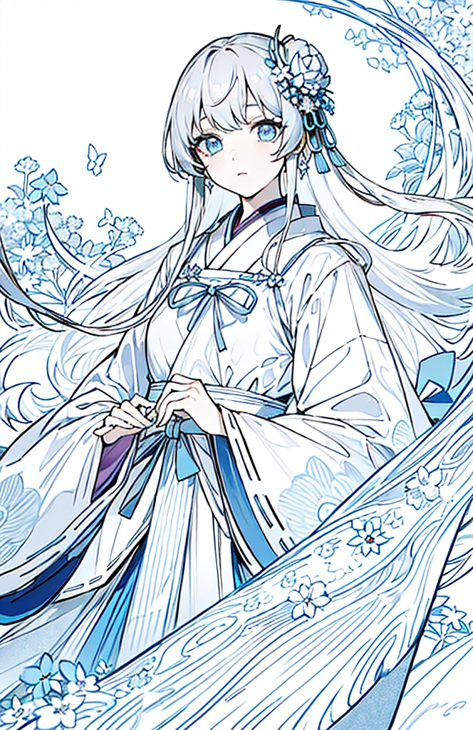 ((Highest quality)), ((masterpiece)), (Get used to it), Perfect Face , beautiful girl ,Gray Hair、White light blue eyes、1 white/light blue flower hair ornament、Japanese clothing