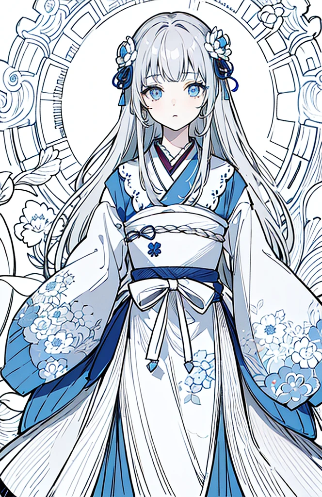 ((Highest quality)), ((masterpiece)), (Get used to it), Perfect Face , beautiful girl ,Gray Hair、White light blue eyes、1 white/light blue flower hair ornament、Japanese clothing