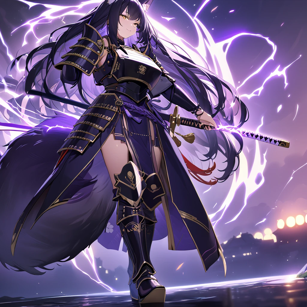 A woman wearing dark purple heavy samurai armor with gold details, samurai plate breastplate, samurai bracelet, medieval boots, holding a purple katana with purple lightning, dark purple hair, long hair, kitsune ears, kitsune tail, multi color, large breasts , yellow eyes, smiling, a great samurai ,UHD , prime work , accurate , anatomically correct , textured skin , super details , high quality , best quality, 8k, high resolution, bokeh effect. (woman alone)
