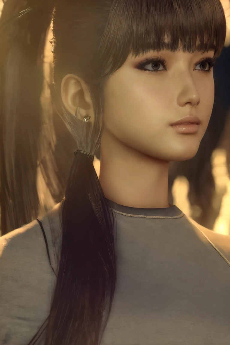 masterpiece,eve,stellar blade, brown eyes, almond eyes, fringe hair, long ponytail, short bob hair, straight side bangs, brown hair, slim neck