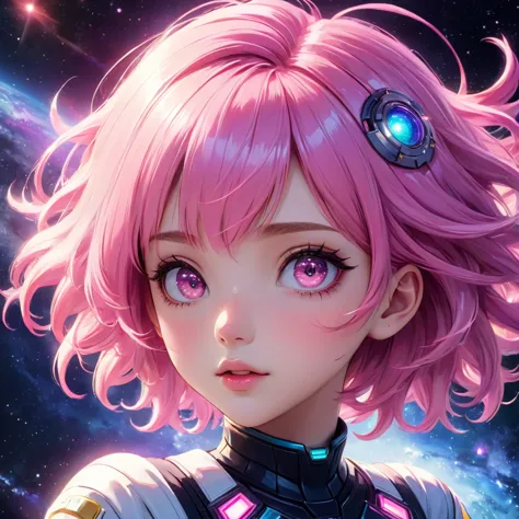 a girl with pink hair , space background, anime aesthetic, official art, 8k, high quality, detailed, photorealistic, vibrant col...