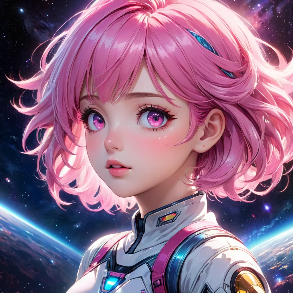 a girl with pink hair , space background, anime aesthetic, official art, 8k, high quality, detailed, photorealistic, vibrant colors, studio lighting, beautiful detailed eyes, beautiful detailed lips, extremely detailed face, long eyelashes, complex hairstyle, dreamlike atmosphere, glowing aura, dynamic pose, cinematic lighting