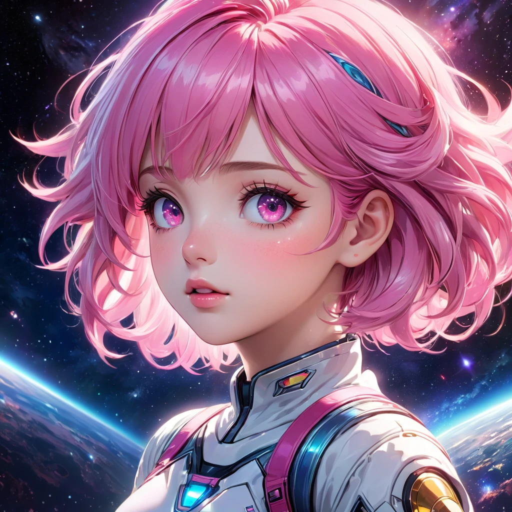 ピンク色の髪の少女 , 宇宙背景, アニメ美学, 公式アート, 8K, 高品質, 詳細, 写実的な, 鮮やかな色彩, スタジオ照明, beautiful 詳細 eyes, beautiful 詳細 lips, extremely 詳細 face, 長いまつ毛, 複雑な髪型, 夢のような雰囲気, 輝くオーラ, ダイナミックなポーズ, 映画照明