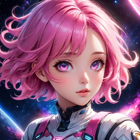 a girl with pink hair , space background, anime aesthetic, official art, 8k, high quality, detailed, photorealistic, vibrant col...