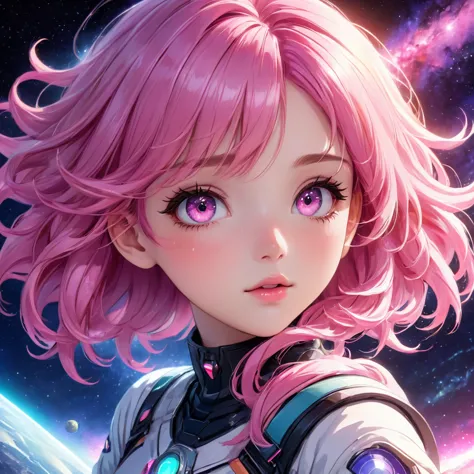 a girl with pink hair , space background, anime aesthetic, official art, 8k, high quality, detailed, photorealistic, vibrant col...