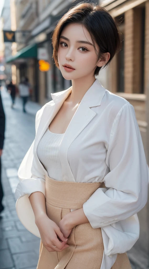 ((Best quality, 8K, Masterpiece :1.3)), Sharp focus :1.2, perfect figure beautiful woman:1.4, (Short hair in layers:1.2)), (Beautiful outfit:1.1 ), (the street:1.2), Highly detailed facial and skin texture, Detailed eyes, double eyelid