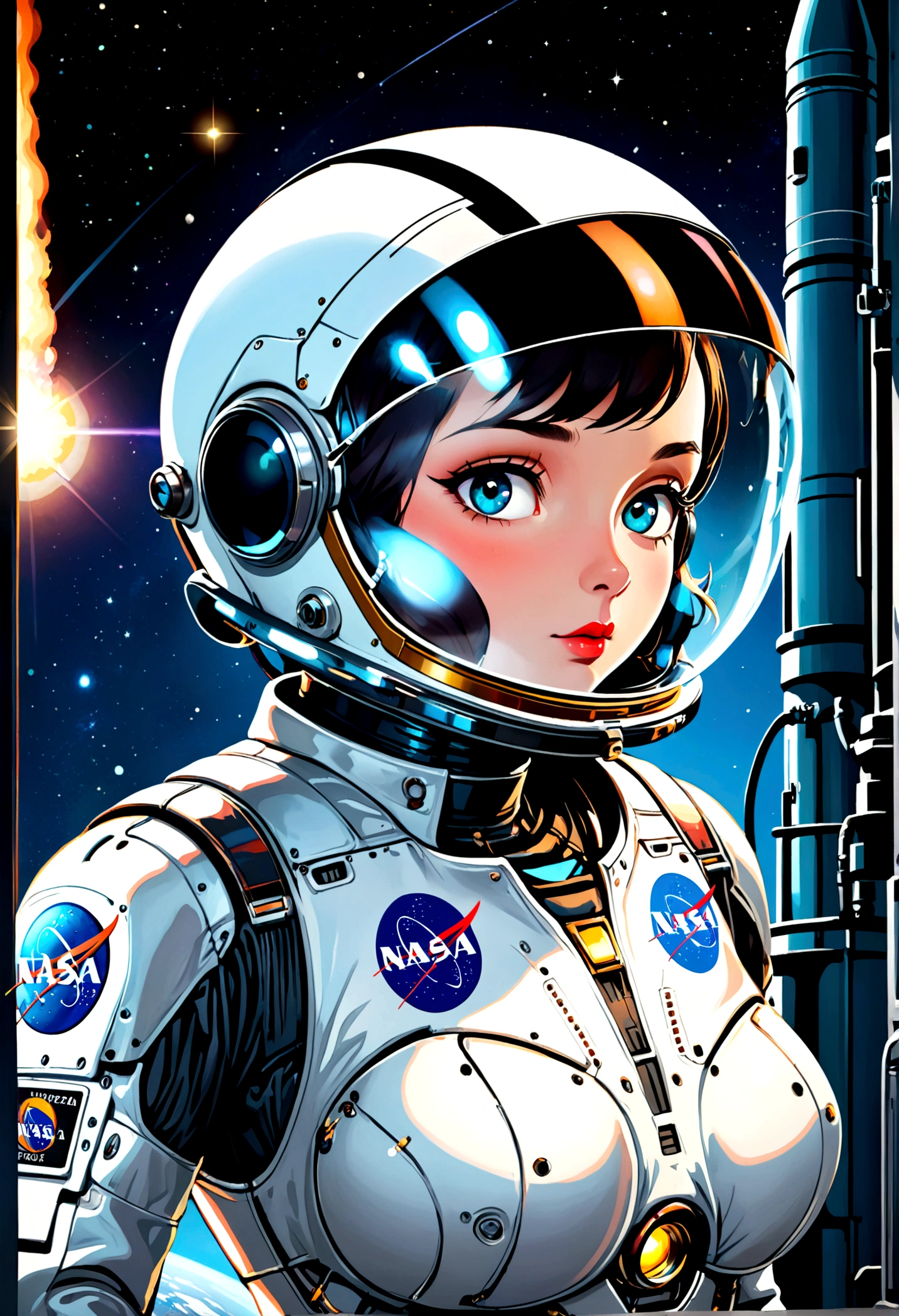 A robot (NASA logos, styled after a 1950s astronaut, obvious hydraulics and mechanical components, lit eyes behind black visor) is clinging to the exterior of a NASA rocket in space performing maintenance
