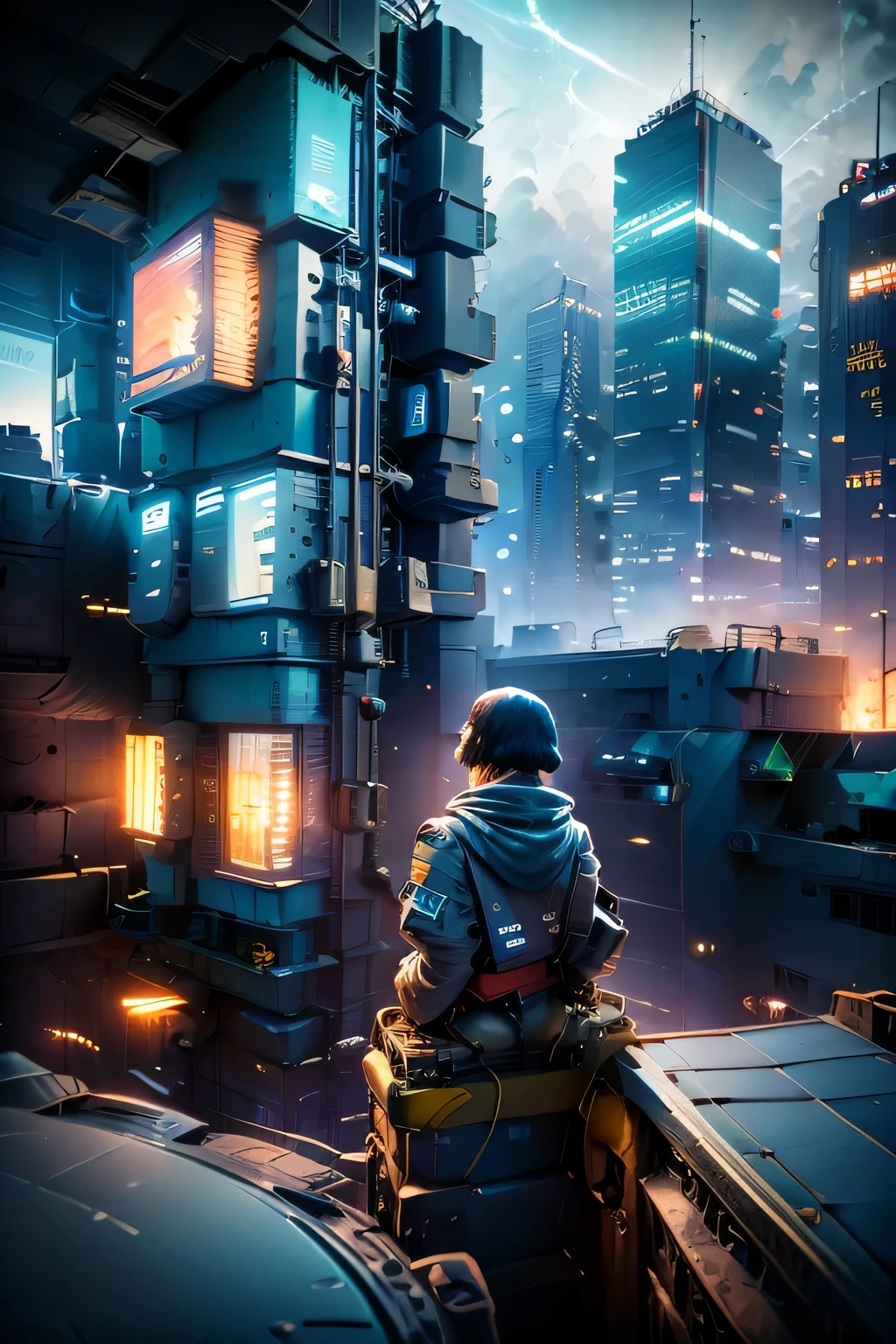 image taken from behind the shoulder of a woman from behind and DRESSED IN A HOOD from the balcony of a tall futuristic building, She is looking at an aerial view of an ultrafuturistic North American megalopolis, she tries to jump over the railing, view of the whole city with many metallic buildings and houses in dark colors, from dark blue to black, the city has shades of metal gray, has smoky metal structures , industrial environment with smoke and fog around, dark cars on the streets, desert megalopolis, Modern metal rails and trains passing through the city streets, tall futuristic metal buildings, many ultramodern buildings around, , as realistic as possible, as detailed as possible, Science fiction
