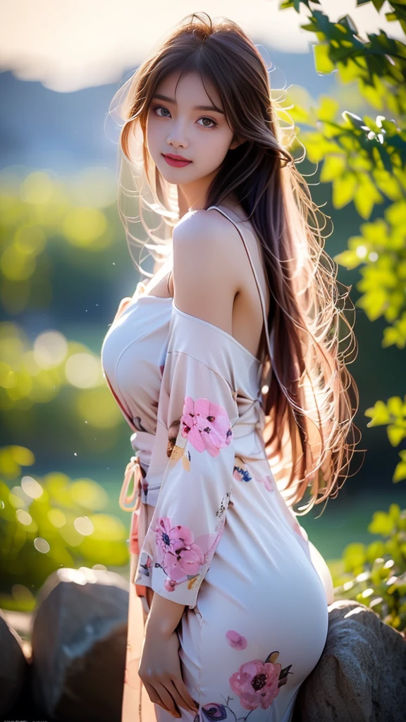 Senji,1 woman,long hair,pink hair,purple eyes,very long hair,hair_decoration,Pink kimono, ((bare shoulders)), ((whole body)), In fact, fashion girl, red lips, mature woman, cosmetics, big eyes, beautiful eyes, ((whole body)), ((from below)), (best quality, masterpiece:1.2), very detailed, (In fact:1.37), ((sexy long legs)), beautiful, young and energetic, Attractive models, big bust, split, (delicate eyes, detailed lips, extremely delicate eyes), Show me a bright smile, Create cool girl images, disapproval, very high saturation, official art, very detailed CG 통합 8k 벽지,(high dynamic range :1.4), (cinematic),(pastel colors, dull color, calm tone :1.3), (natural skin texture, ultra-In fact, soft light, sharp),(very detailed), night, moon, ((In the mountains, plant, leaning against a rock))