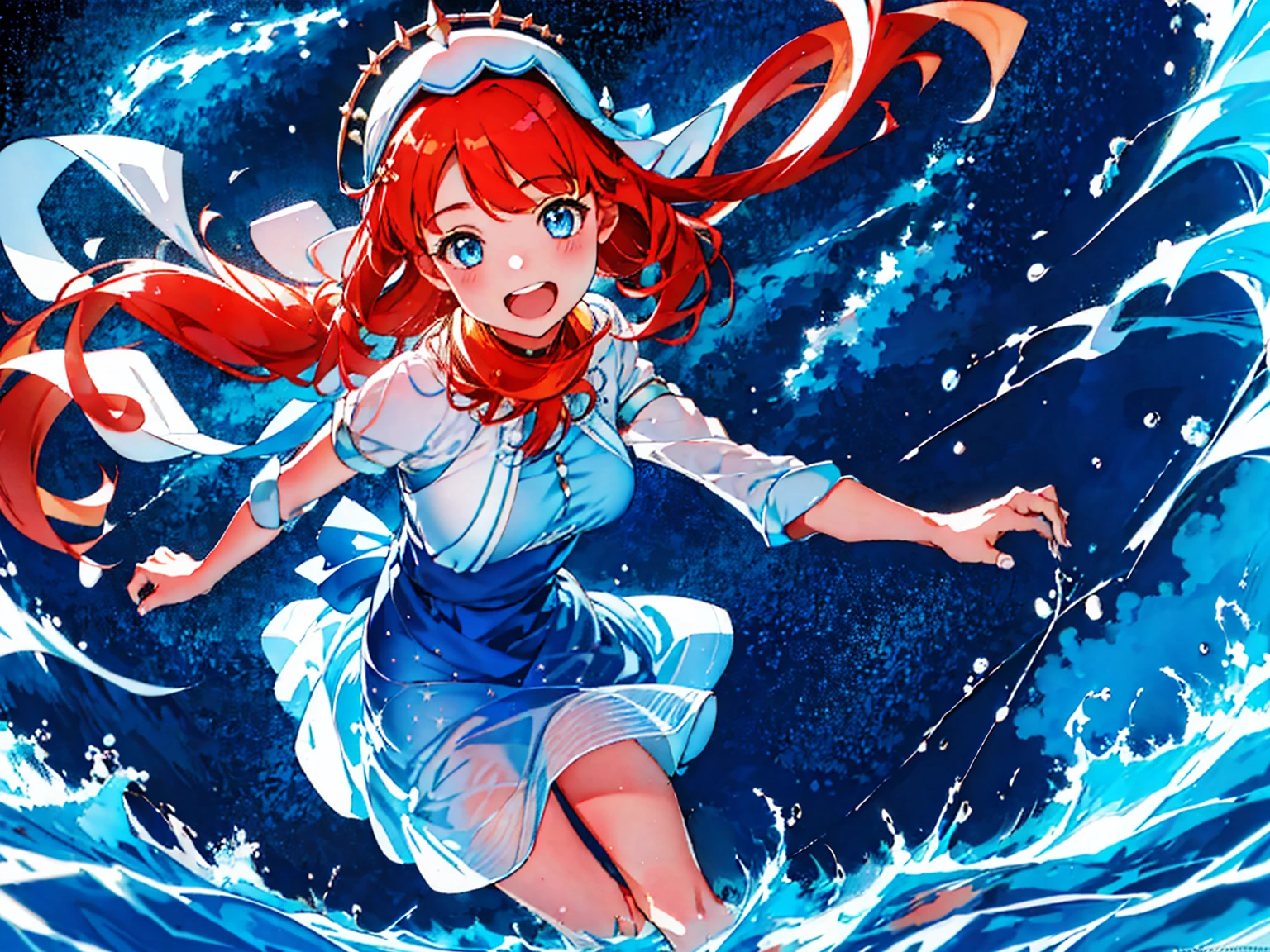 Extremely detailed representation，high quality，16K、8K、high resolution、masterpiece、1 Girl、Please open your mouth wide、Please laugh out loud、Beautiful Teeth,Look up at the starry sky,Floating on the surface of the water,Floating on water,stars shining on the water surface,Calm water surface,White Dress,Redhead