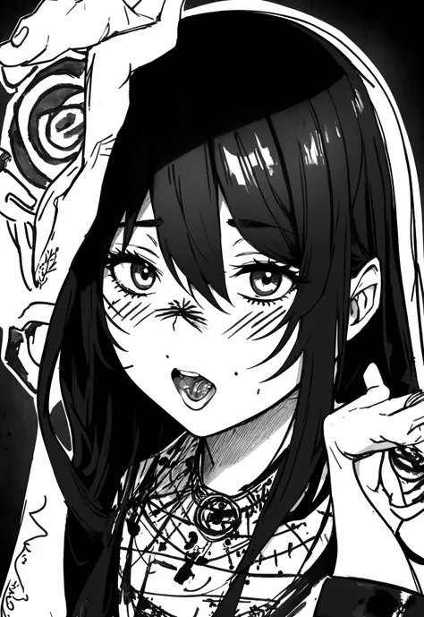 Anime girl with long black hair and white shirt staring at camera - SeaArt  AI