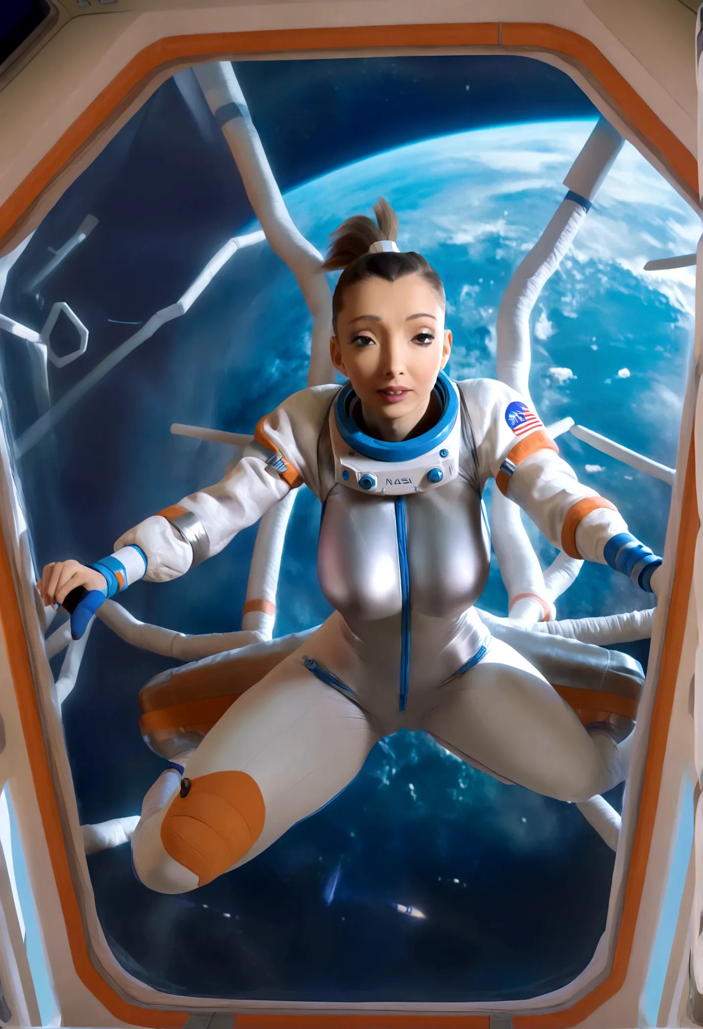 a cute woman in a nasa skin suit with a tight hairdo navigating a cramped zero gravity space station, checking instruments, high...