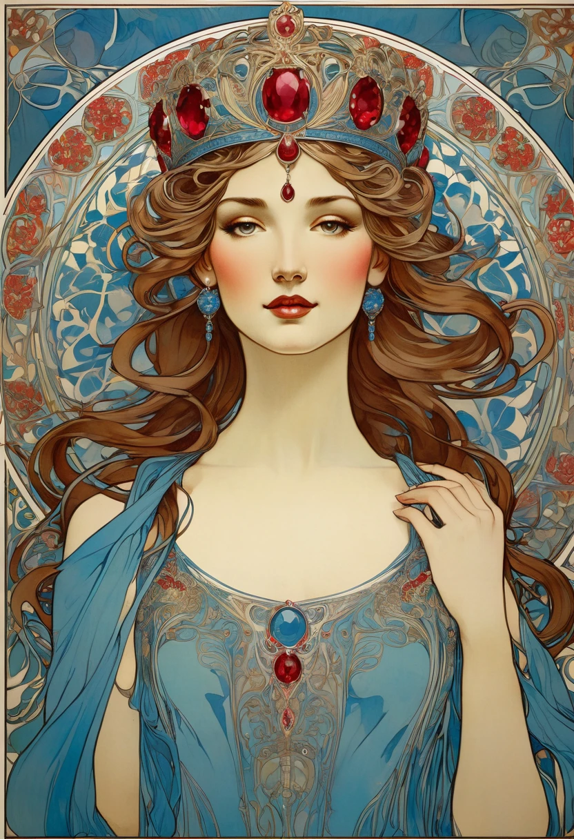 A superb vintage poster inspired by the art of Alfons Mucha, depicting a woman dressed in a blue dress and a crown adorned with rubies on her head. She has long, wavy hair. The background is a mix of intricate floral and geometric shapes. The overall design exudes an Art Nouveau aesthetic with vintage charm. "beautiful details, sharp quality"