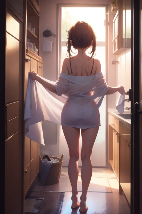1girl, holding towel, from behind, towel on legs,, masterpiece, best quality, highly detailed