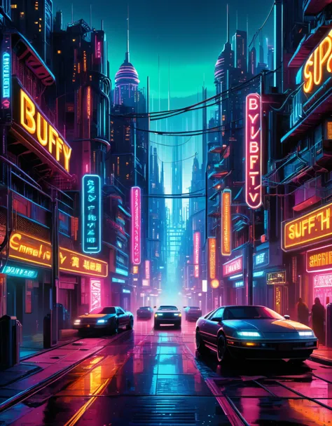 Transport Buffy into a cyberpunk cityscape with neon-lit streets. Vampires, outlined in digital shadows, navigate the gritty met...