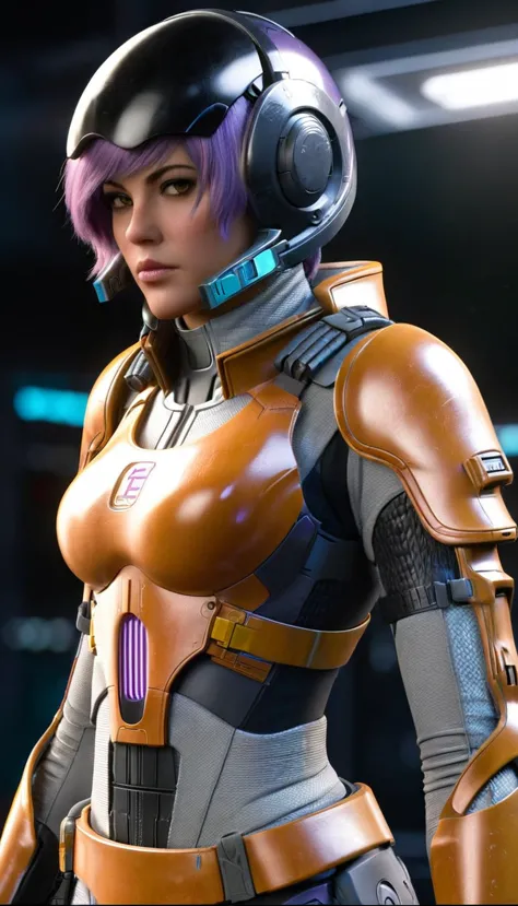 professional 3d model cinematic scene, sabine wren, silver armor (huge breasts), ghost in the shell, detailed background, master...