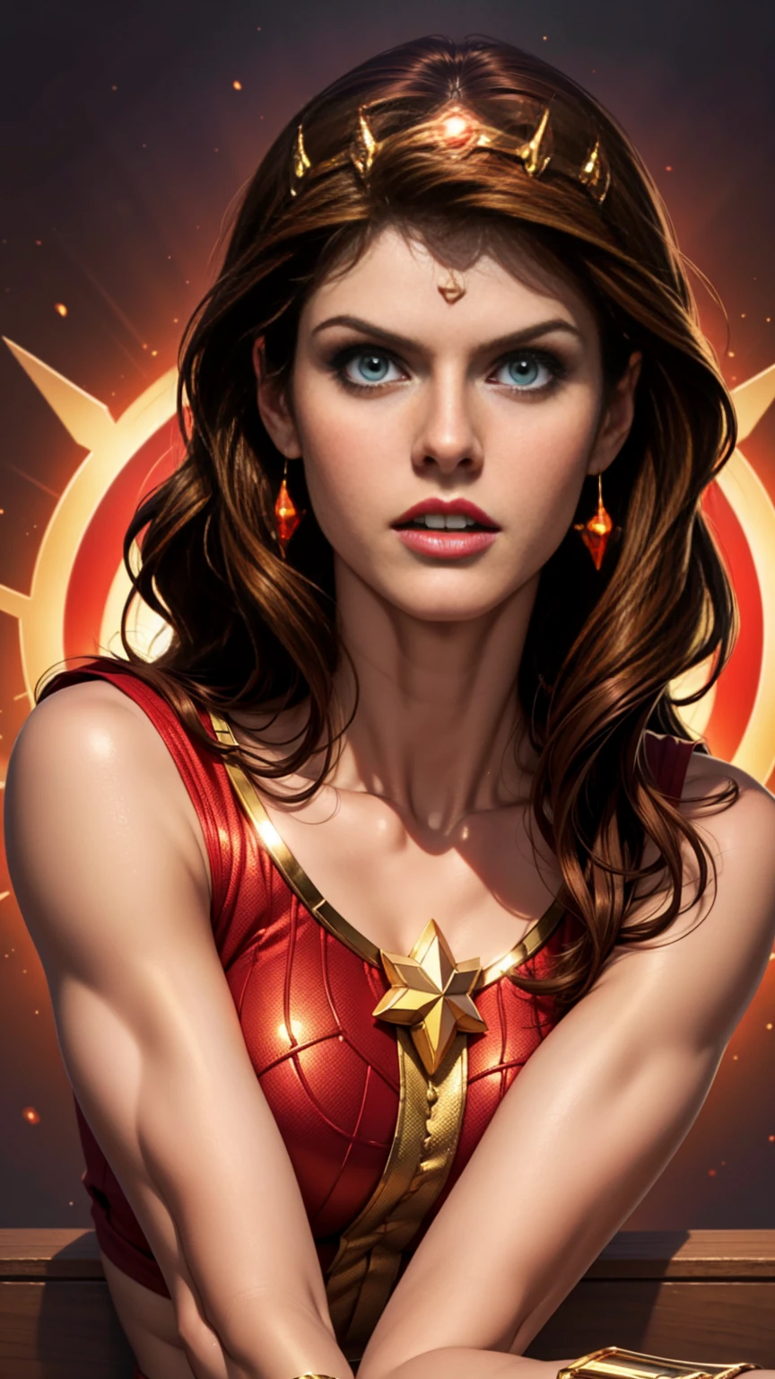 Alexandra Daddario como uma linda super-heroína , olhos verdes cabelos castanhos, hipercauda, camisa vermelha da colheita, com uma estrela dourada, usa uma tiara dourada na testa e uma joia vermelha na cabeça , pulseiras de ouro, botas vermelhas longas, e shorts vermelhos retratos fotográficos de artgerm, no estilo do realismo, pele brilhante, cartooncore, mangacore, iluminação natural, Lábios carnudos definidos. Corpo feminino de aptidão muscular