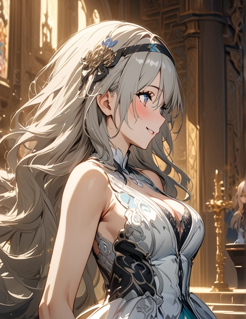 beautiful girl, long grey hair, beautiful face,smiling,close up to hips, beautiful breast, standing Infront of altar , (open mouth:0.4),illustration,detailed textures(realists),ultra-detailed,portrait style,vivid colors,soft lighting, blushing, mature, hair fluttering, evening light , head band, ((half body)), no bra, cleavage, wearing intricate two tones wedding dress, perky. ((side profile:1.2)), blushing,